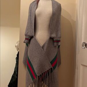 Stylish Gray Poncho with Green and Red Stripes